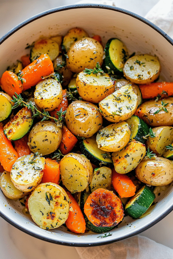 Golden brown crispy roasted potatoes with herbs and seasonings on a baking sheet, showing their perfectly caramelized exterior and fluffy interior