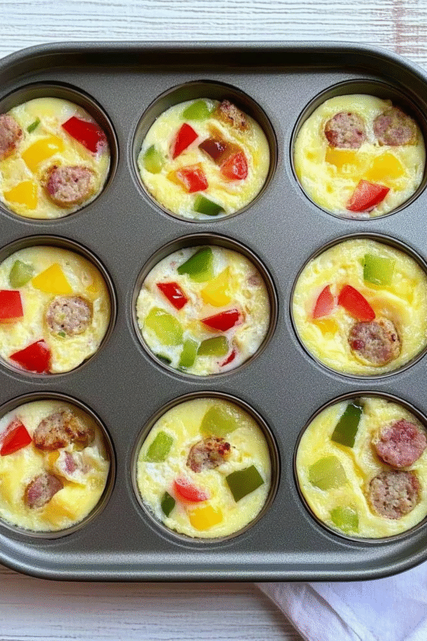 Colorful mini breakfast omelets in a muffin tin with cheese, bell peppers, and herbs, showing their fluffy texture and golden tops