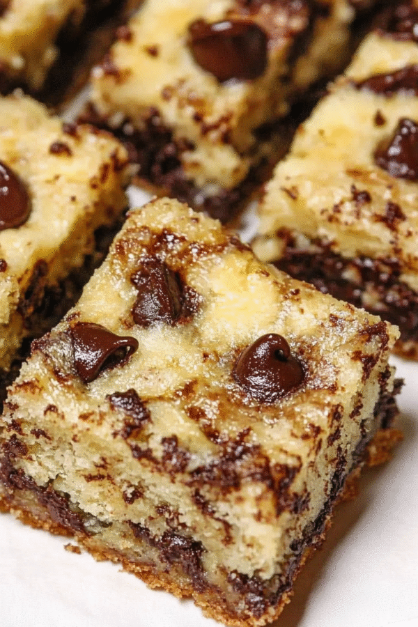 Golden brown chocolate chip bars cut into squares showing thick, chewy texture with melted chocolate chips throughout, arranged on parchment paper