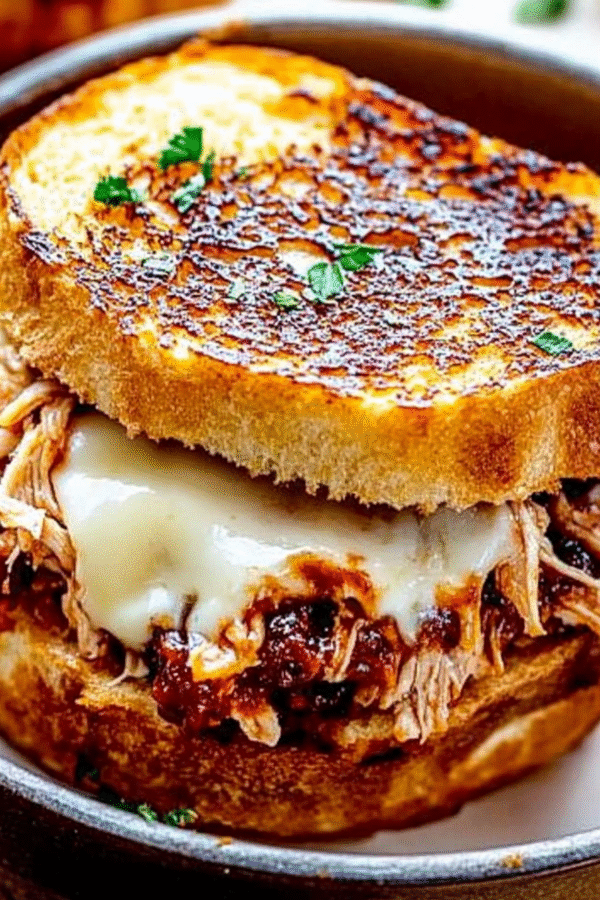 Golden grilled cheese sandwich cut in half showing melted cheese and BBQ pulled chicken filling, served on a wooden board with pickles
