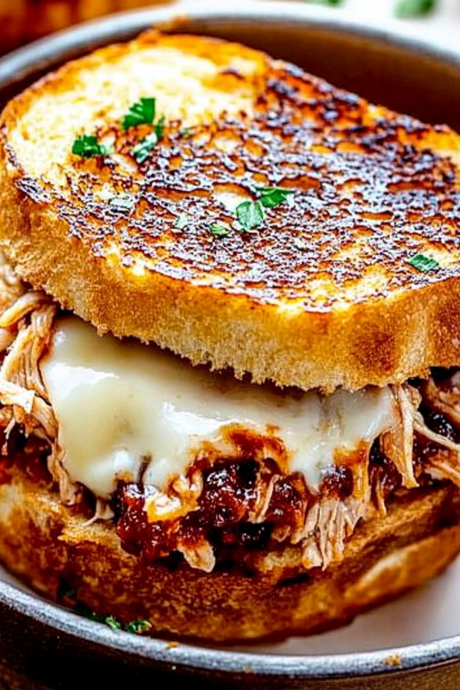 BBQ Chicken Grilled Cheese Recipe - Quick and Easy to Make Delicious BBQ Chicken Grilled Cheese Recipe Freshly Made on a White Plate