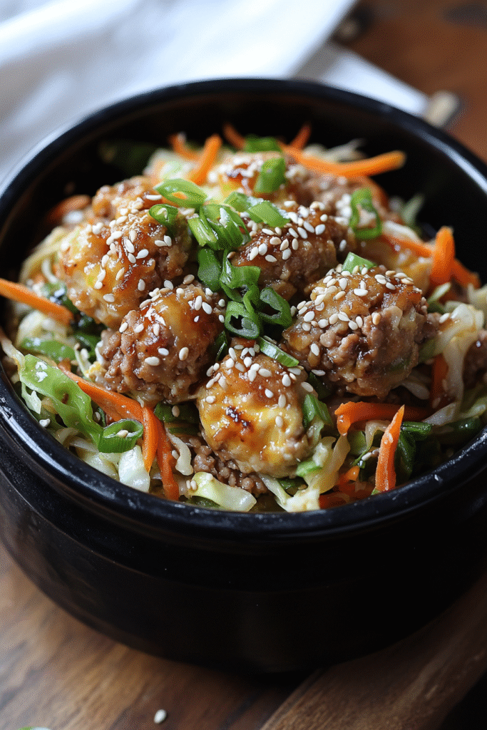 Egg Roll in a Bowl with ground turkey, cabbage and carrots in black bowl, garnished with sesame seeds and green onions