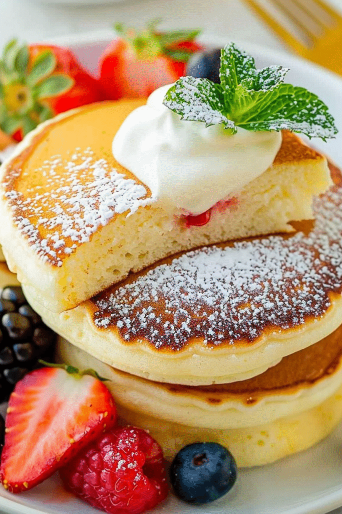 Tall, fluffy Japanese soufflé pancakes stacked on a plate, dusted with powdered sugar and topped with butter, showcasing their airy, jiggly texture