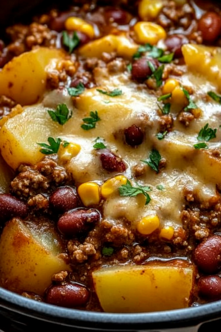 Slow Cooker Cowboy Casrole Recipe - Simple and Quick to Make Delicious Slow Cooker Cowboy Casrole Recipe Freshly Prepared on a White Plate