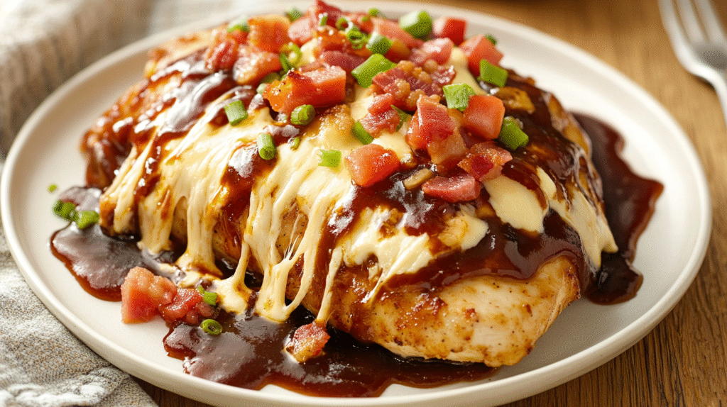 Juicy Monterey chicken breast topped with crispy bacon, melted cheese, and barbecue sauce, served on a white plate with garnish