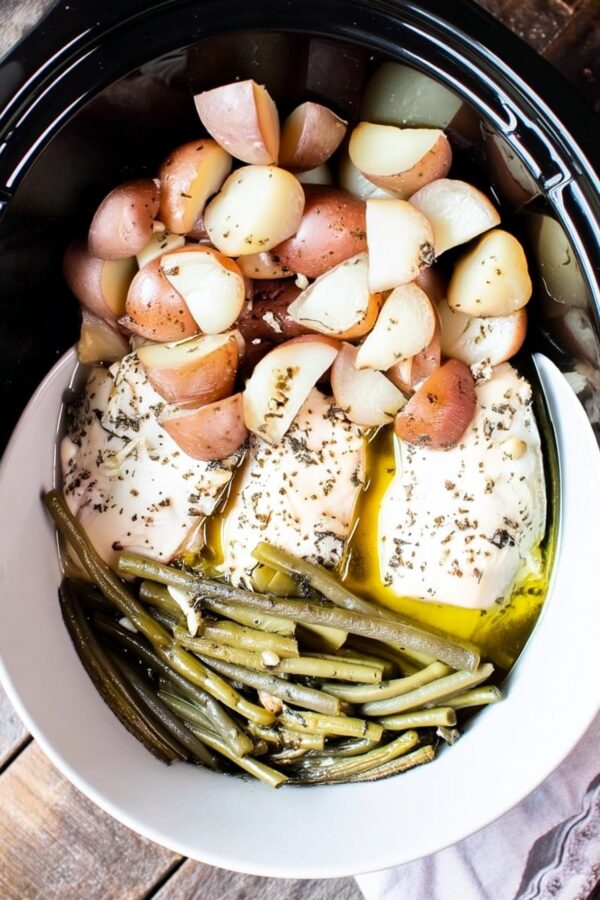 Delicious crockpot chicken potatoes and green beans