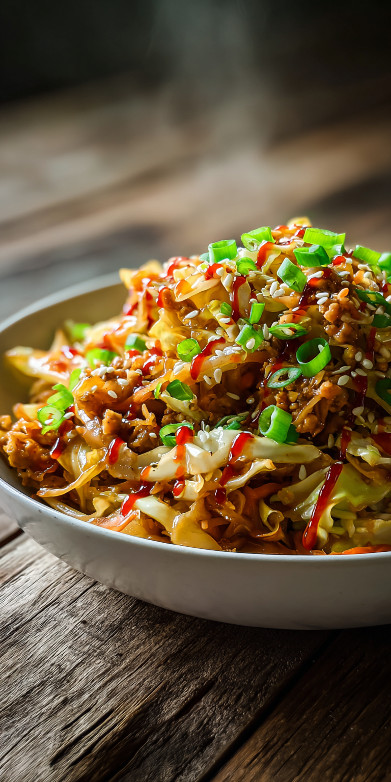A savory bowl of easy egg roll in a bowl with low-carb ingredients and Asian-inspired flavors