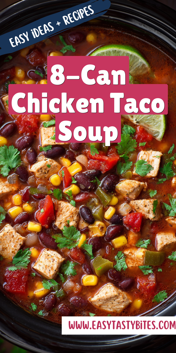 8-Can Chicken Taco Soup served warm with cozy spices