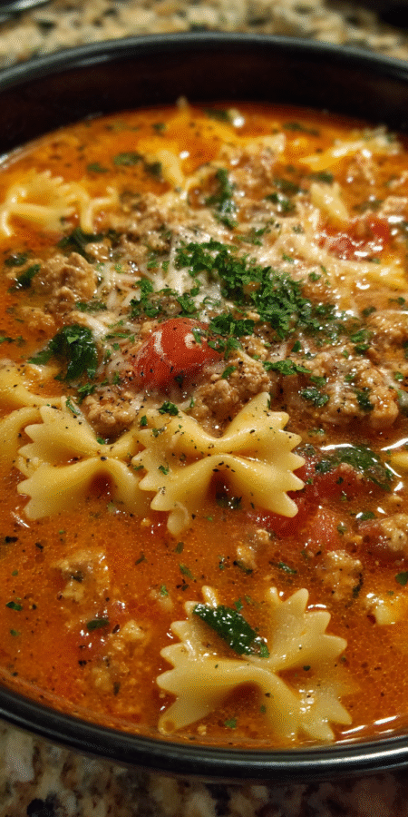 Bow Tie Pasta Family Lasagna Soup served warm with cozy spices