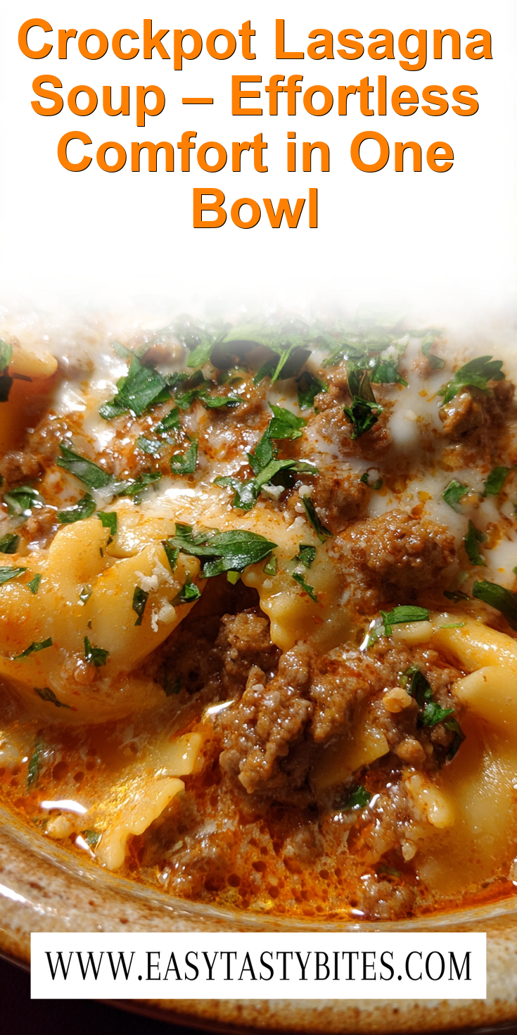 A warm bowl of Crockpot Lasagna Soup with rich tomato broth and melted cheese