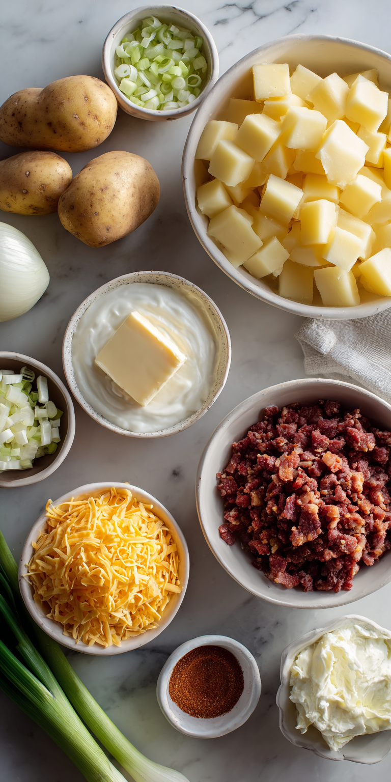 A bowl of Easy Loaded Baked Potato Soup with Chicken Bacon surrounded by fresh components