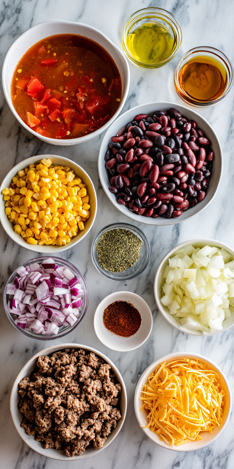 Close-up of ingredients for an easy Rotel taco soup recipe ready to be cooked