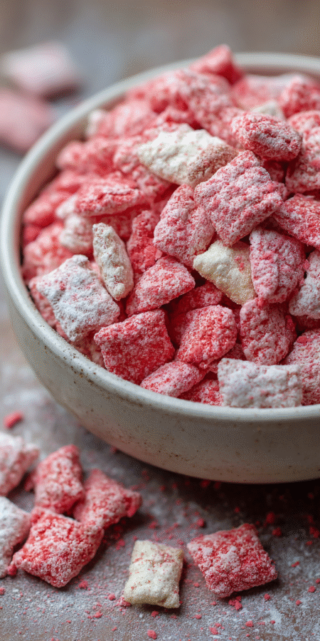 Fluffy Strawberry Shortcake Puppy Chow: Dreamy Dessert Mix! served warm with cozy spices