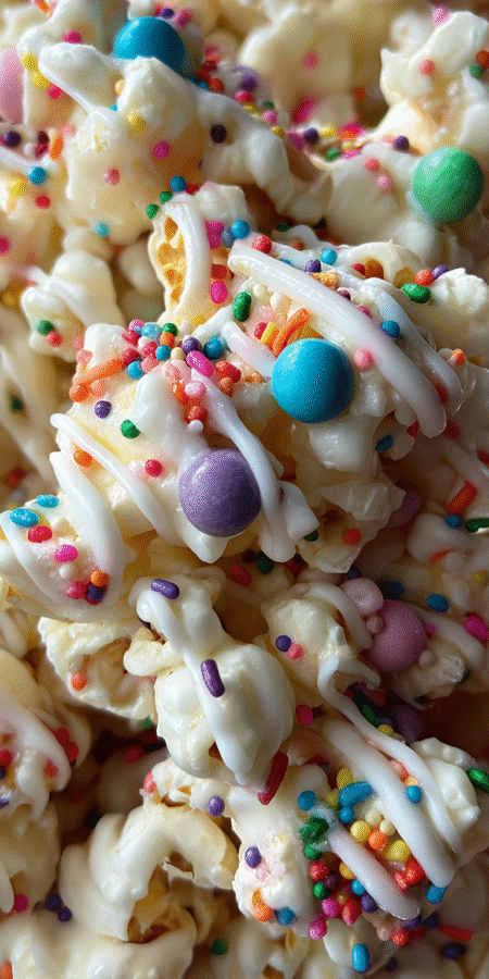 Funfetti Marshmallow Popcorn: Colorful Party Snack Magic! served warm with cozy spices