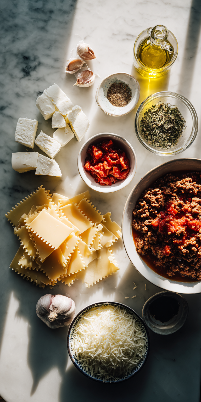 A bowl of gluten-free lasagna soup with fresh ingredients ready to be cooked