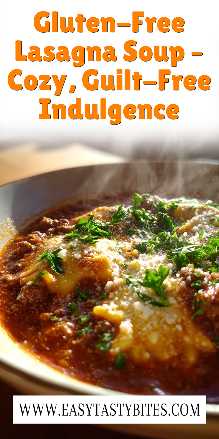 A bowl of gluten-free lasagna soup with rich tomato broth and noodles