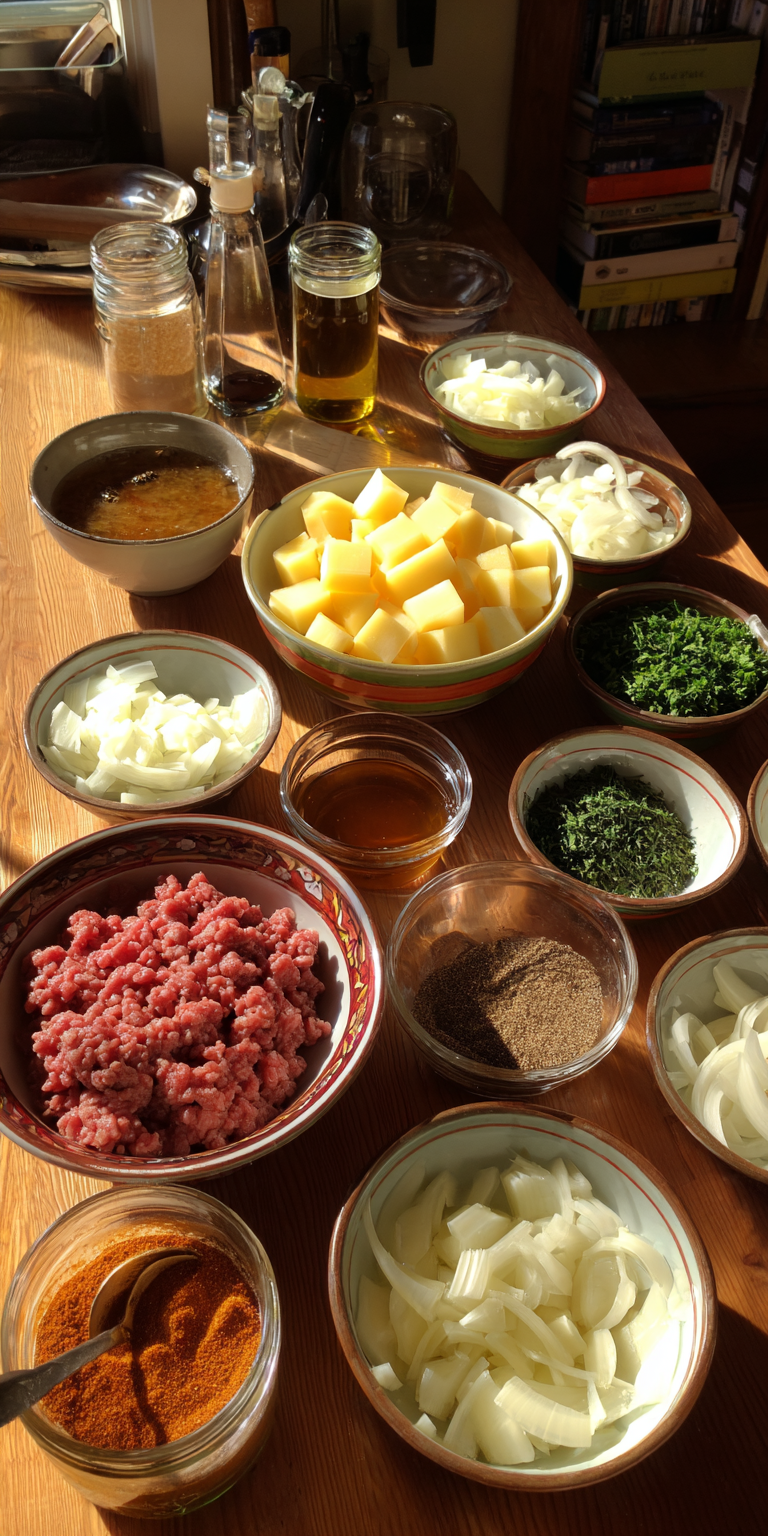 Ground Beef & Potato Casserole with Creamy Sauce served warm with cozy spices