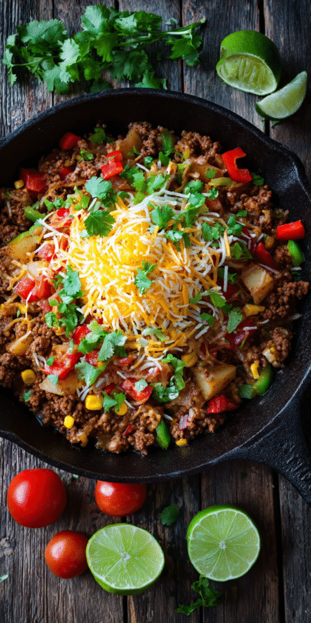 Ground Beef & Potato Taco Skillet served warm with cozy spices