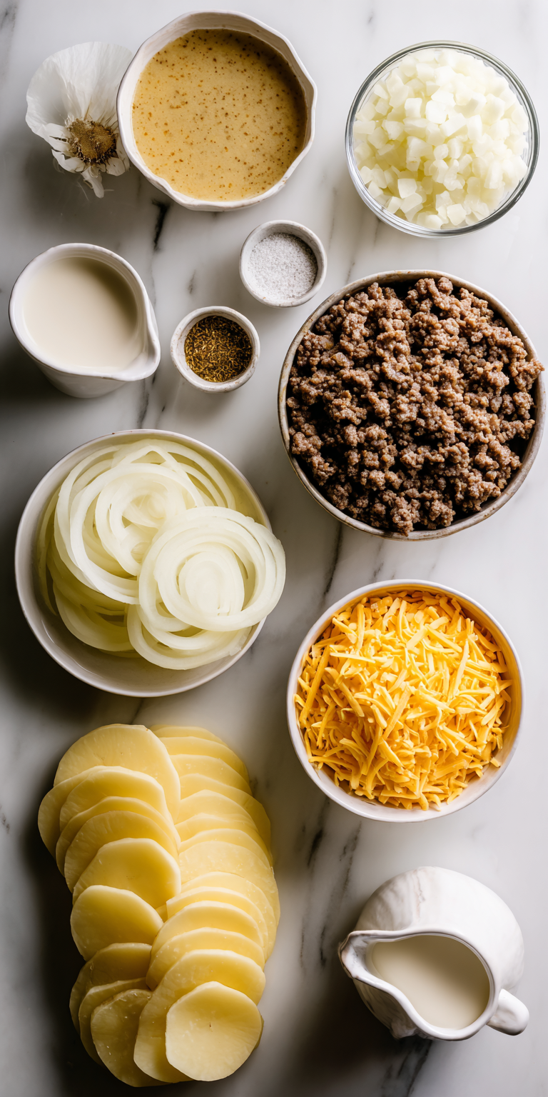 Close-up of raw components for Hobo Casserole with Ground Beef & Hearty Potatoes preparation