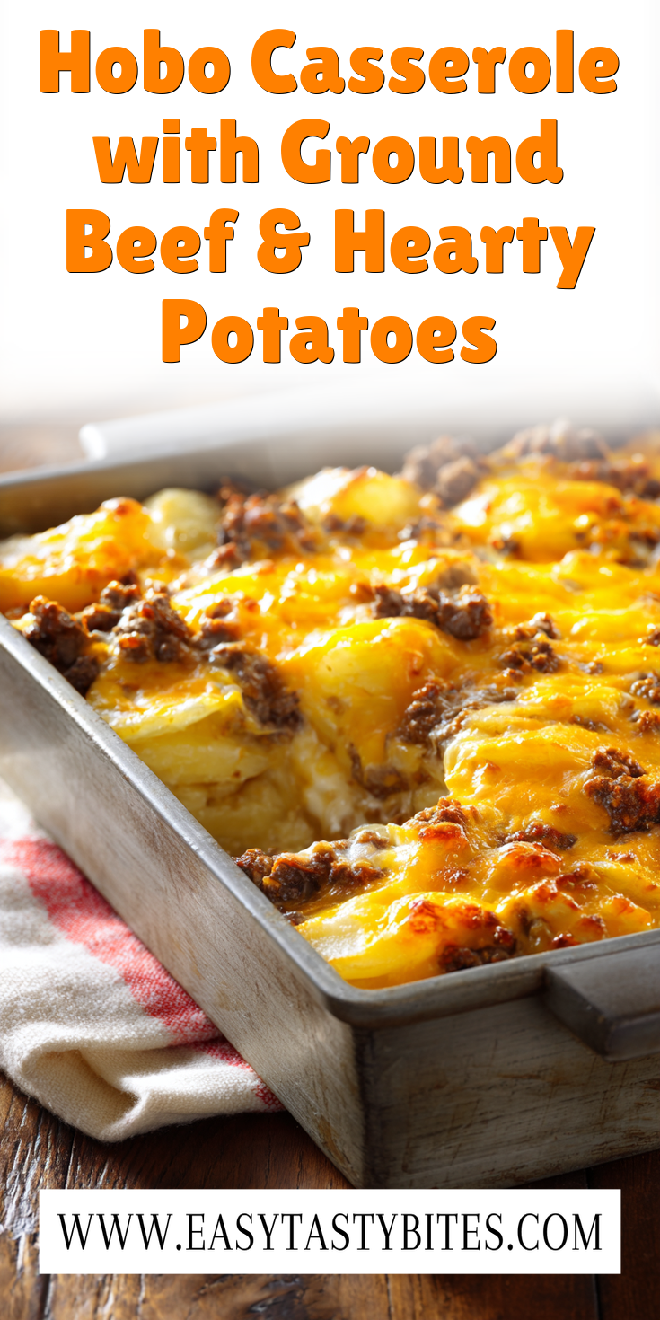 A hearty serving of Hobo Casserole with Ground Beef & Hearty Potatoes on a rustic table