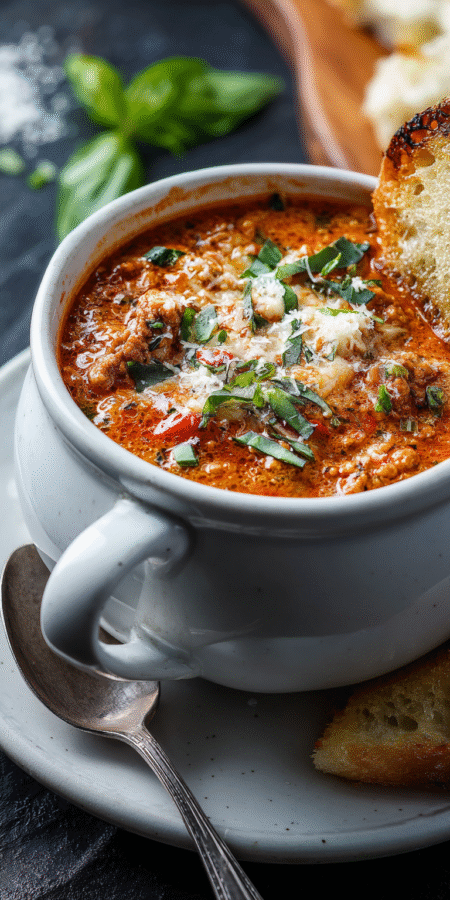 Low Carb Cheesy Lasagna Soup served warm with cozy spices