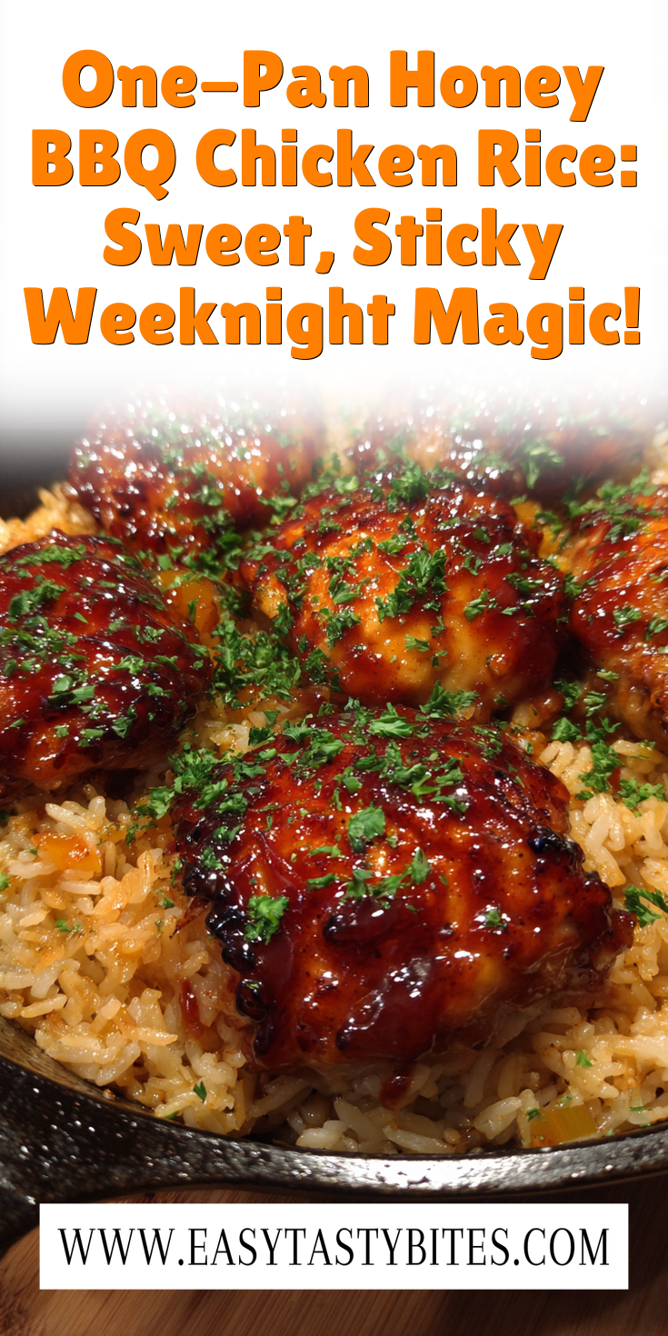 One-Pan Honey BBQ Chicken Rice with a sweet, sticky glaze on a plate