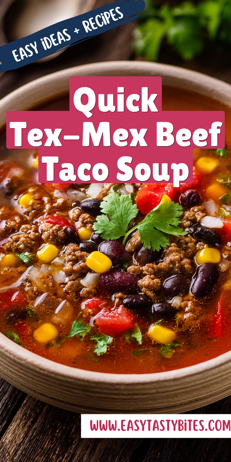 Quick Tex-Mex Beef Taco Soup served warm with cozy spices