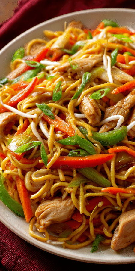 Slow Cooker Chicken Chow Mein served warm with cozy spices