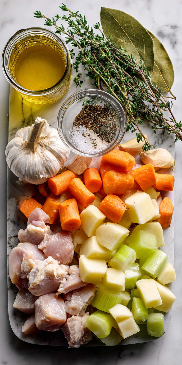 A collection of fresh ingredients for slow cooker chicken stew, ready to be cooked