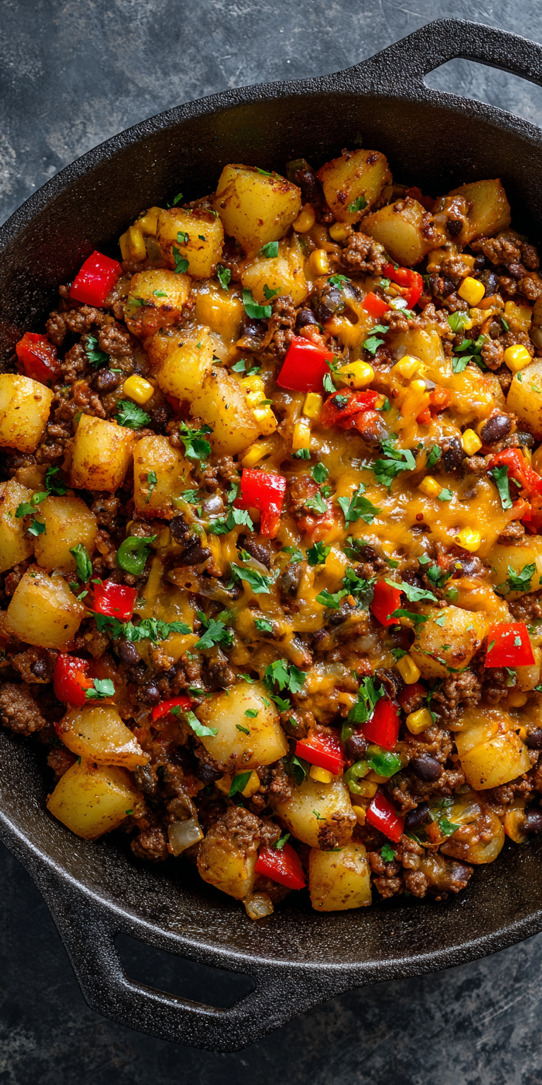 Southwest Ground Beef & Potato Skillet served warm with cozy spices