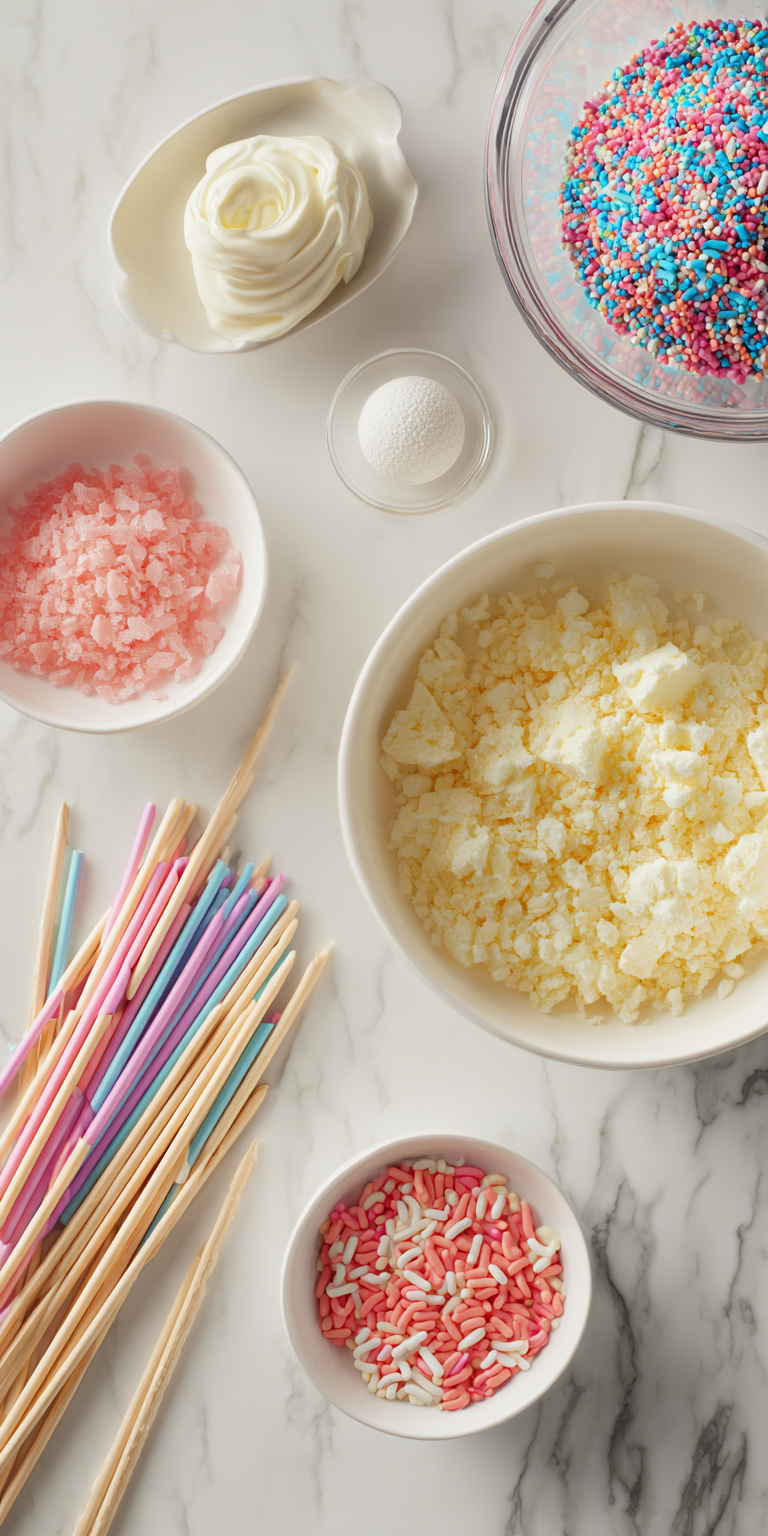 Close-up of ingredients for Starbucks copycat birthday cake pops ready to be assembled