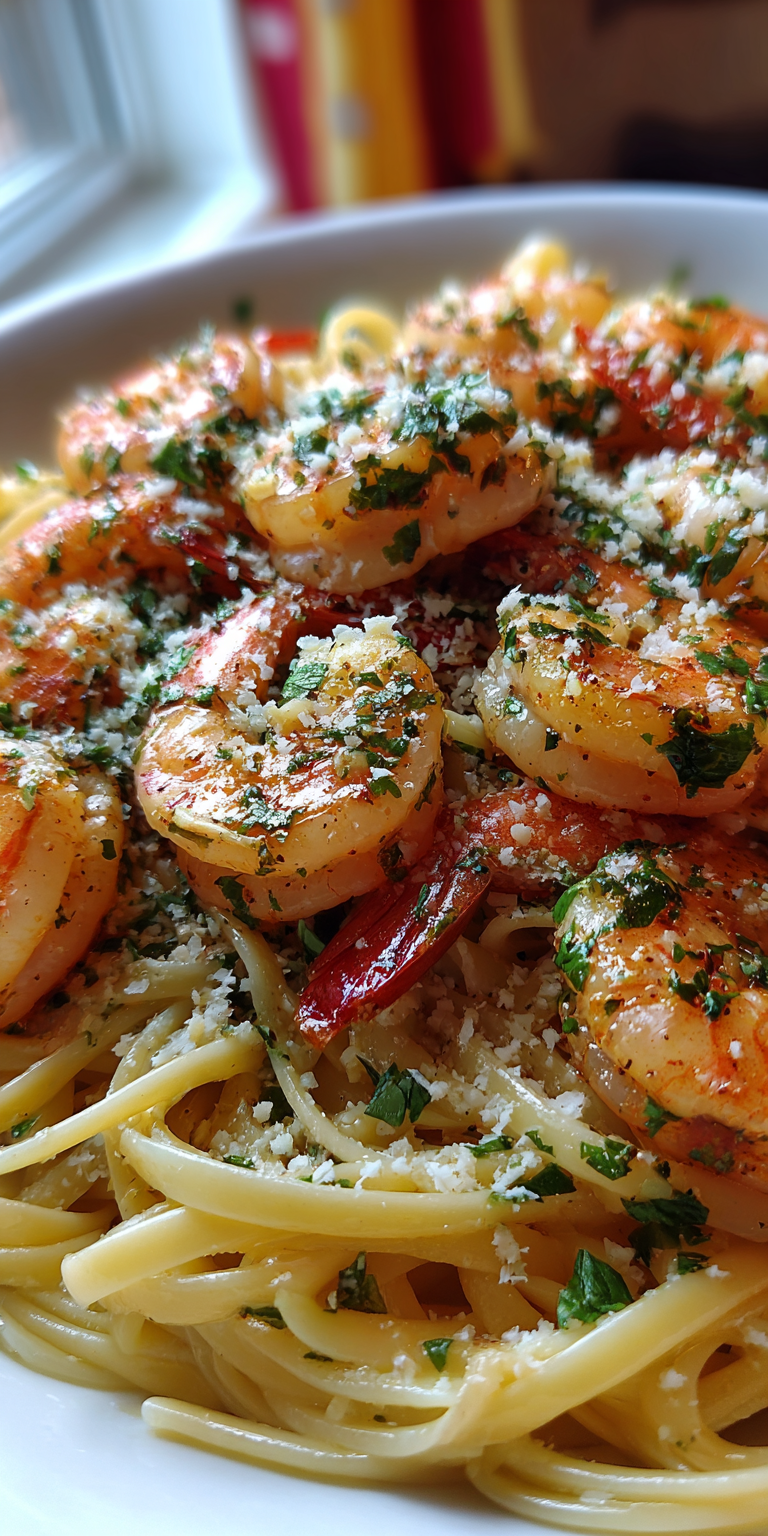 A plate of zesty lemon-herb shrimp scampi with tender pasta and vibrant herbs