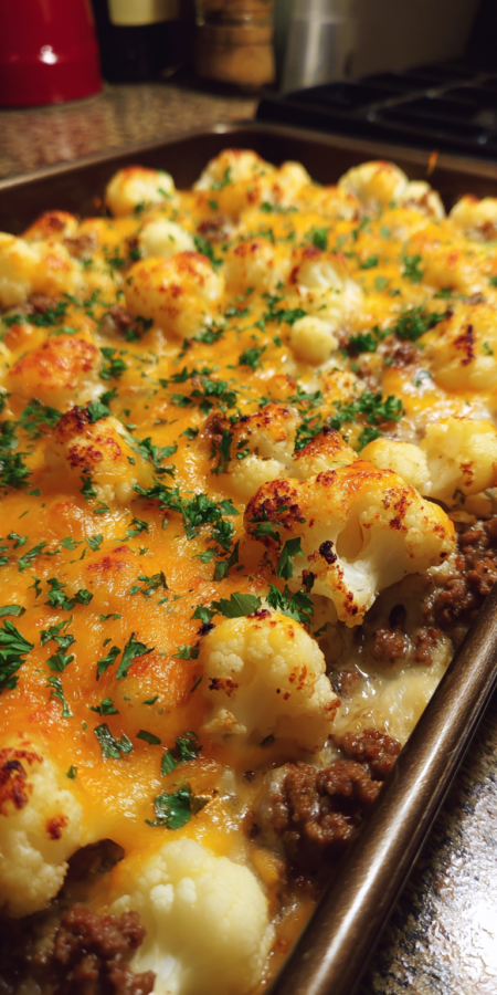 Cheesy Cauliflower & Ground Beef Potato Bake Recipe