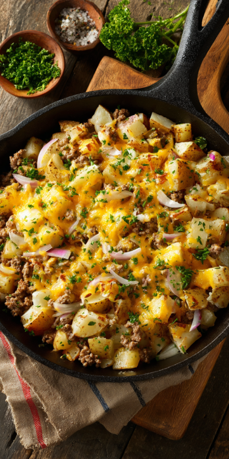 Cheesy Ranch Ground Beef & Potato Skillet Dinner served warm with cozy spices