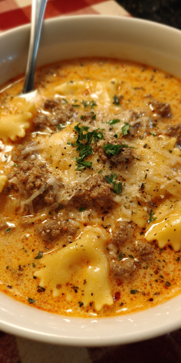 Creamy Beef Lasagna Soup served warm with cozy spices