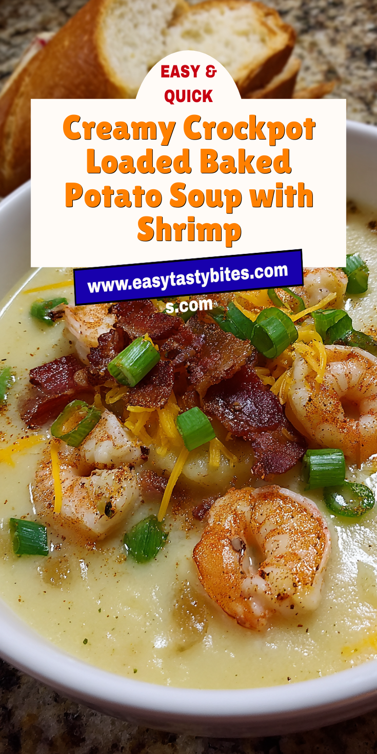 Creamy Crockpot Loaded Baked Potato Soup with Shrimp served warm with cozy spices