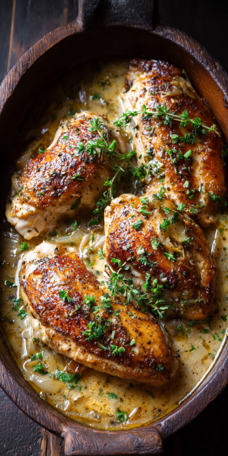 Crockpot Chicken with Savory White Wine Sauce served warm with cozy spices