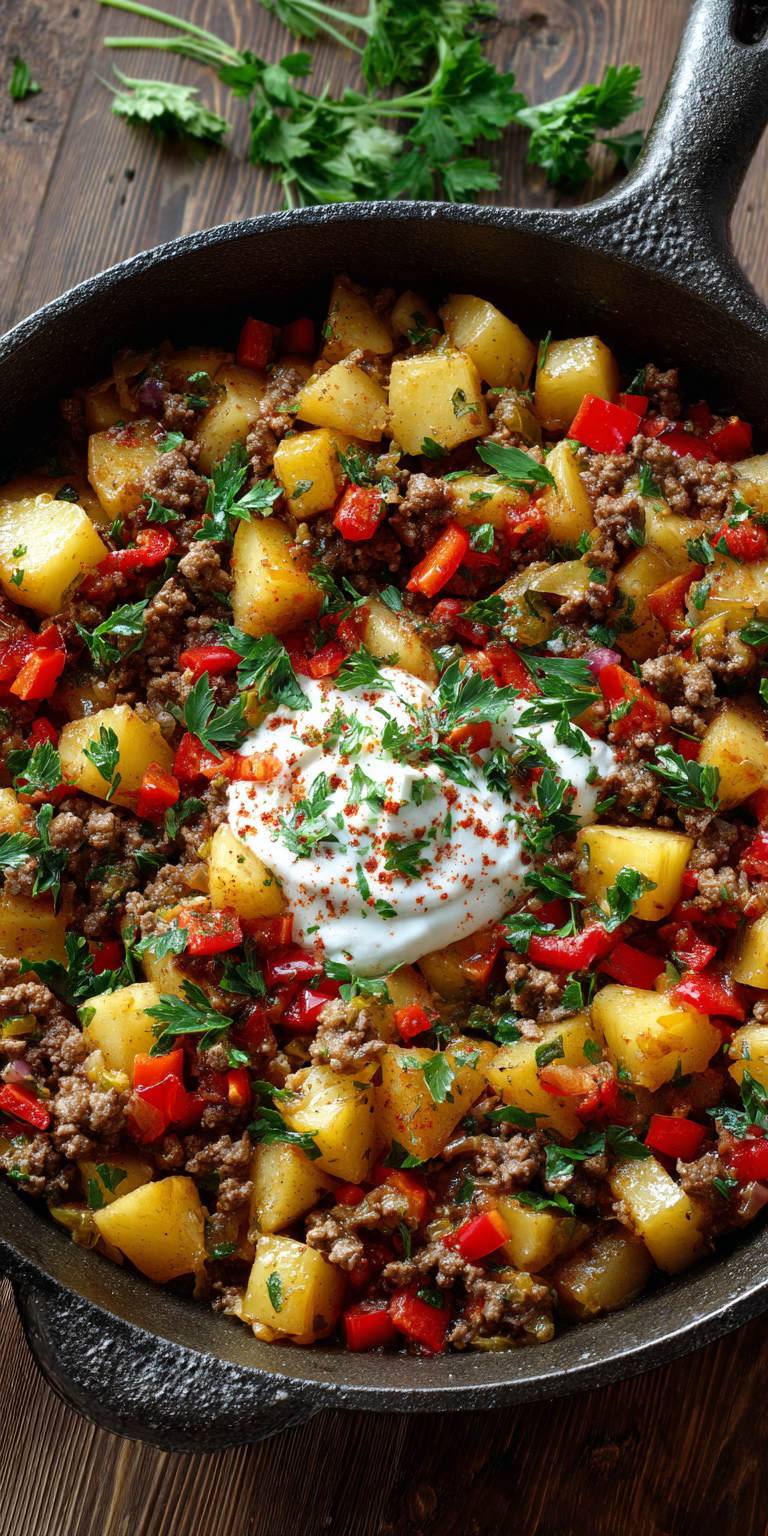 Mediterranean Ground Beef & Potato Skillet served warm with cozy spices