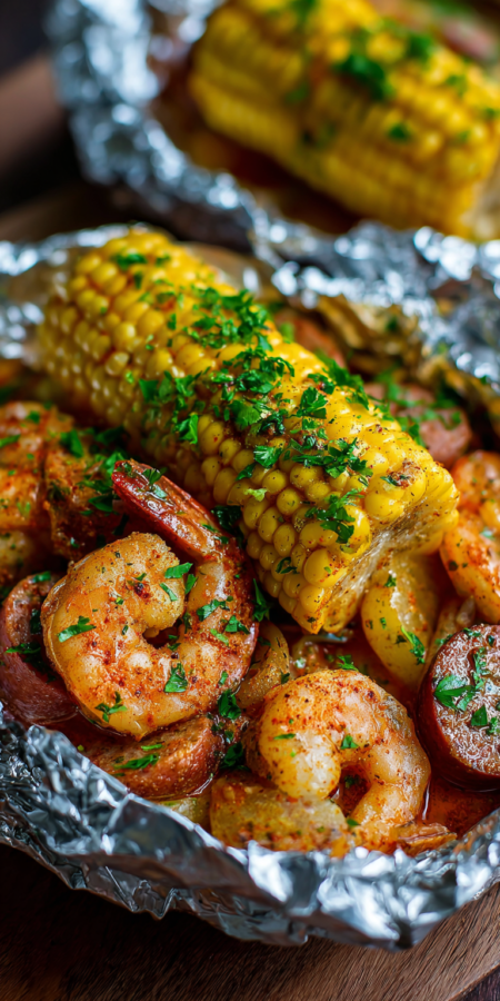 Cajun Spiced Foil Packet Shrimp with Corn & Sausage served warm with cozy spices