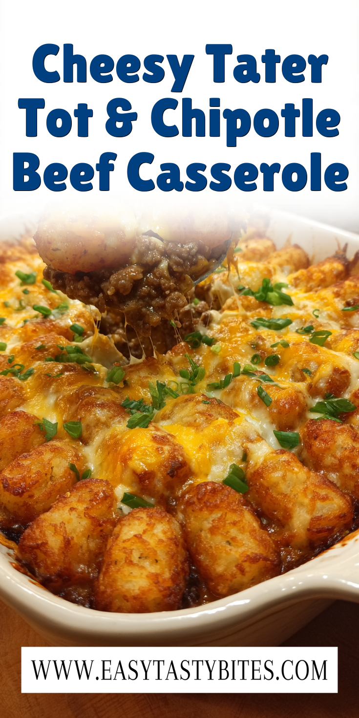 Cheesy Tater Tot & Chipotle Beef Casserole served warm with cozy spices