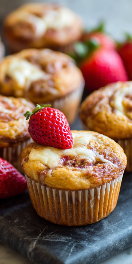 Cream Cheese Swirl Pumpkin Banana Strawberry Muffins served warm with cozy spices