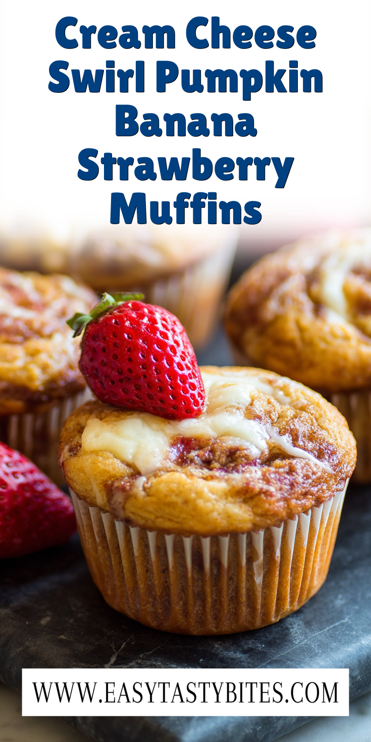 Cream Cheese Swirl Pumpkin Banana Strawberry Muffins served warm with cozy spices