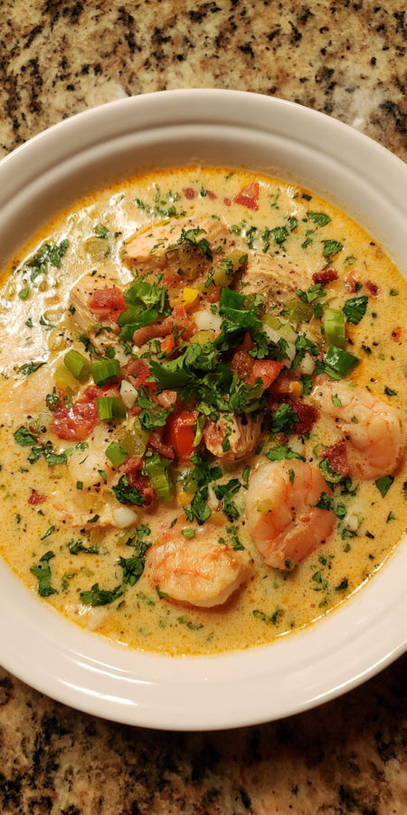 Creamy Queso Blanco Chicken & Shrimp Taco Soup served warm with cozy spices