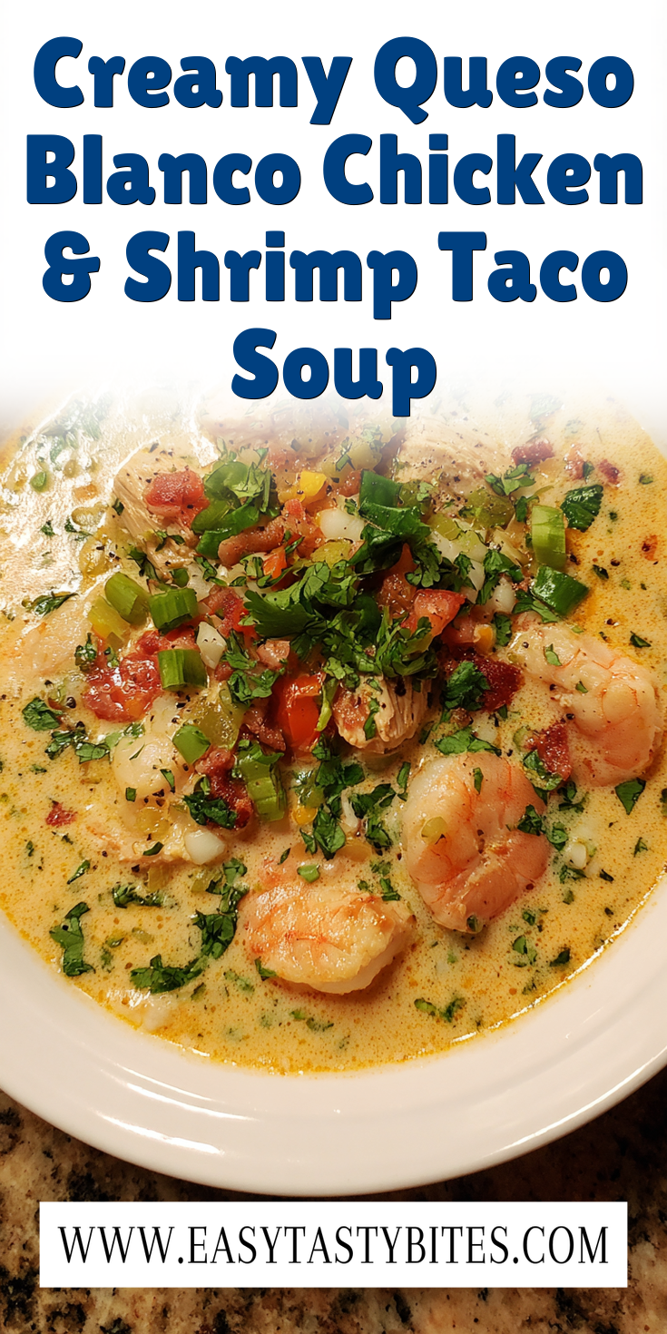 Creamy Queso Blanco Chicken & Shrimp Taco Soup served warm with cozy spices