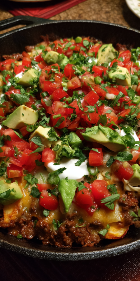 Fresh Pico de Gallo Topped Chipotle Beef Casserole served warm with cozy spices