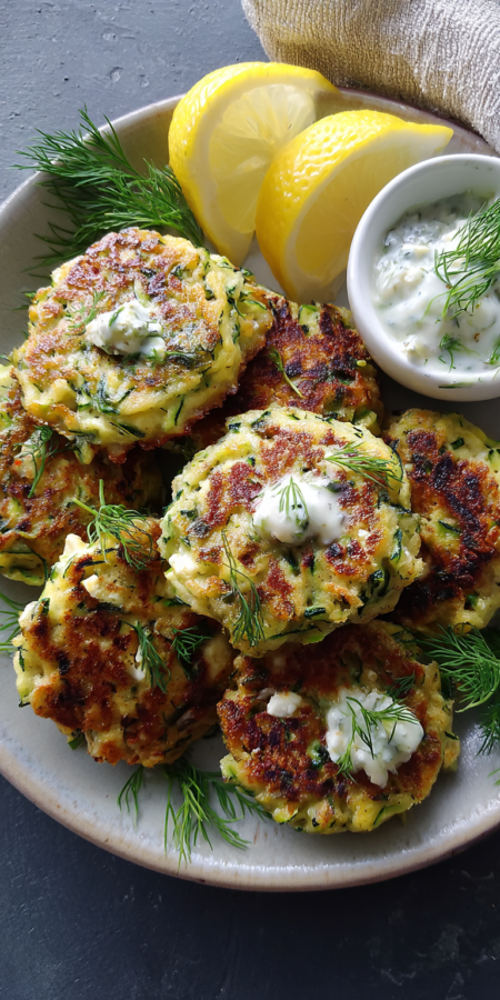 Lemon Dill & Feta Zucchini Fritters served warm with cozy spices