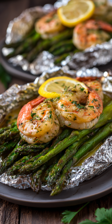 Lemon Garlic Butter Shrimp Packets with Asparagus served warm with cozy spices