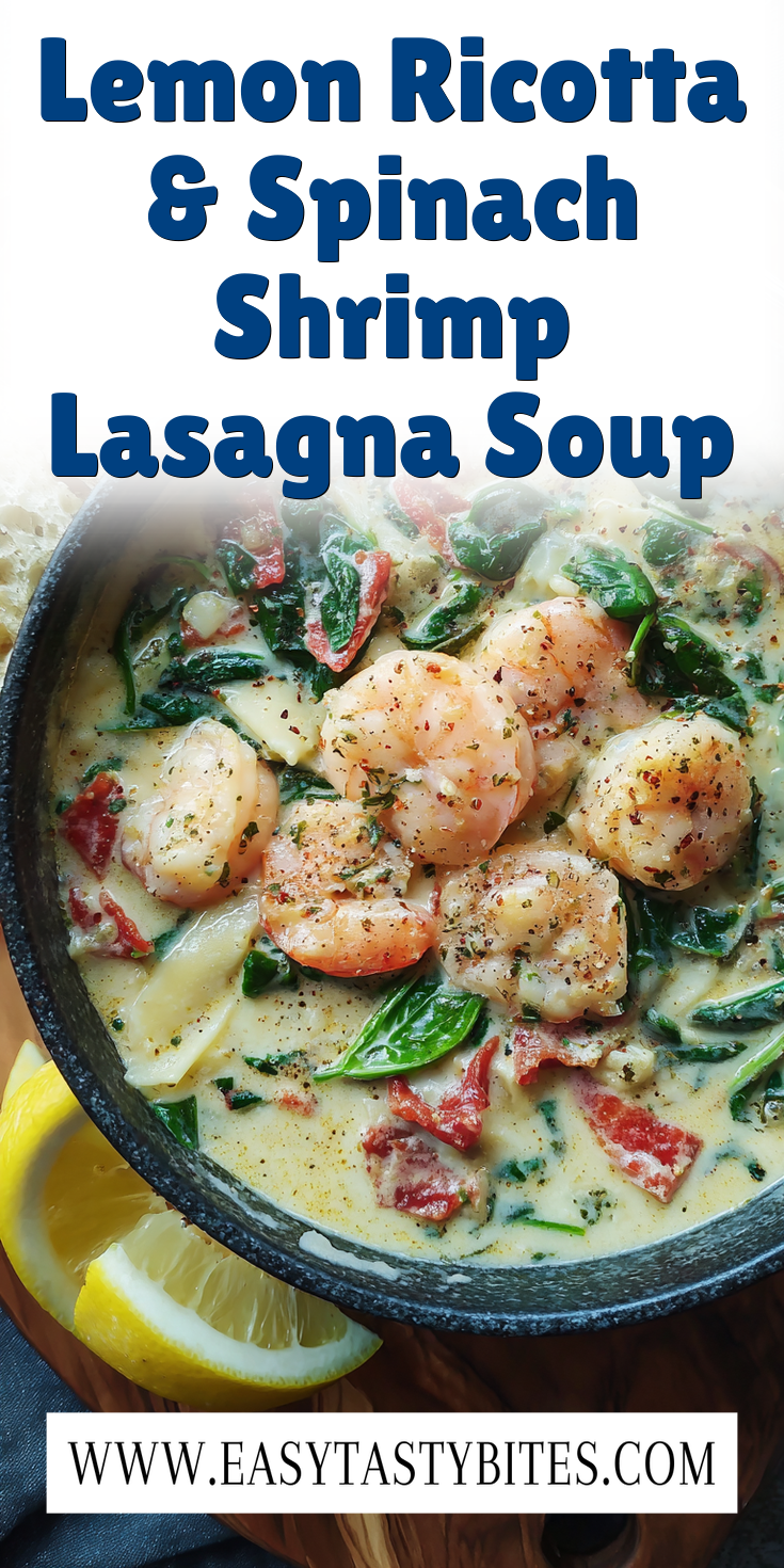 Lemon Ricotta & Spinach Shrimp Lasagna Soup served warm with cozy spices
