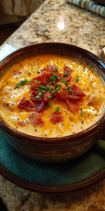 Loaded Cheesy Bacon Cajun Potato Soup served warm with cozy spices
