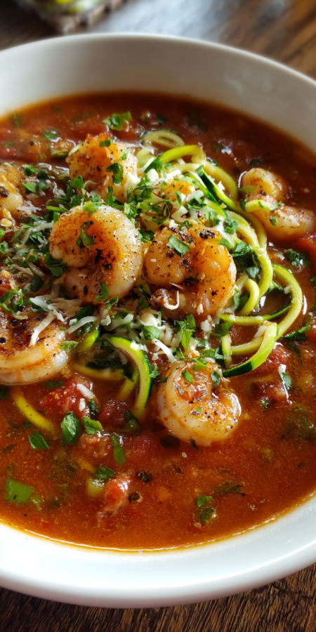 Low-Carb Zucchini Noodle Shrimp Lasagna Soup served warm with cozy spices